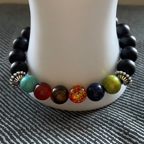 10mm Chakra and Black Matte Onyx Agate Gemstone Stretch Bracelet - Picture 4 of 7